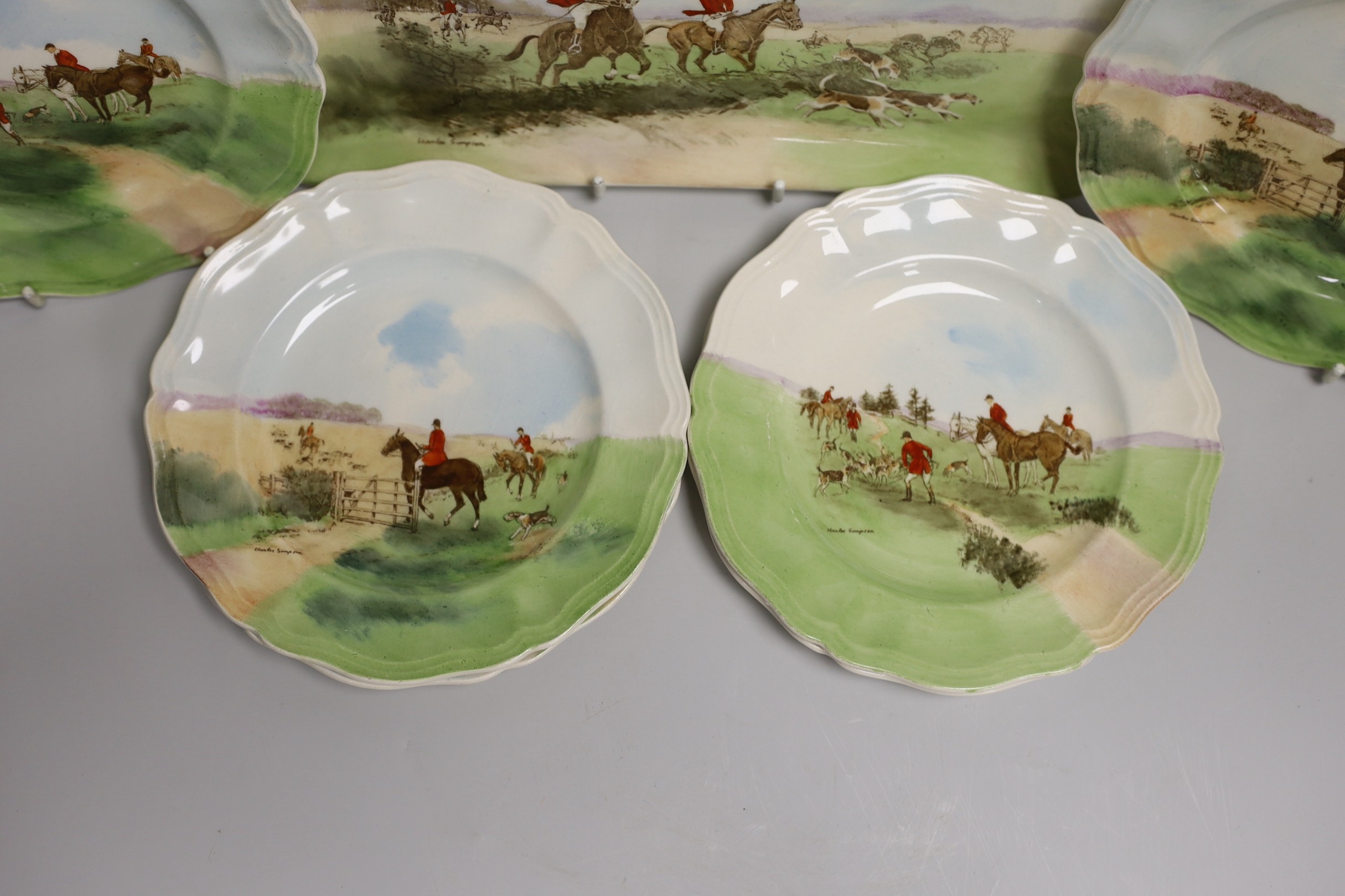 A Royal Doulton series ware hunting sandwich set signed Charles Simpson, D6326